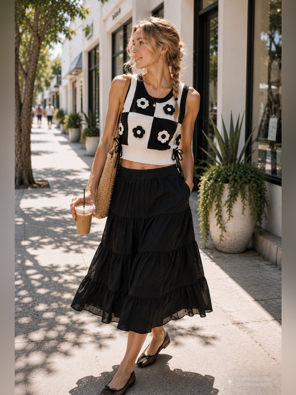 Industry Black White Checkered Floral Knit Sweater Vest Crop Top Small